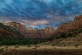 Spectacular colorful sunset and the `Towers of the Virgin` in Zion National Park in Utah Royalty Free Stock Photo