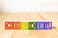 Spectacular colorful wooden cubes with the colors of the LGBTQ gay pride flag with the word gender