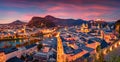 Spectacular evening cityscape of Salzburg town.