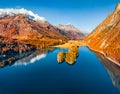 Spectacular evening view from flying drone of Sils lake.