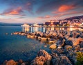 Spectacular evening view of Pilos town. Picturesque summer sunset on Ionian Sea