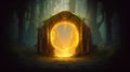 Fantasy landscape with a portal archway. Ancient magical stone gate show another dimension reality. generative AI.