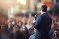 Spectacular female politician speaks on stage in front of crowds