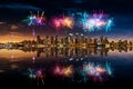 Spectacular Fireworks Bring Radiance to the Enchanting Night Sky above a Bustling Urban Metropolis