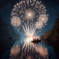 Spectacular fireworks display over a lake at night, with people in boats admiring the show. Royalty Free Stock Photo