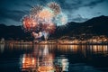 A spectacular fireworks display by the seaside reflecting in the water