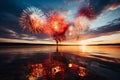 A spectacular fireworks display by the seaside reflecting in the water