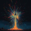 Spectacular flat vector illustration of a rocket launch with multi-colored light explosion Royalty Free Stock Photo