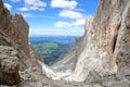 The spectacular Forcella del Sassolungo pass at the top of the Forcella Sassolungo cable car, surrounded by Sassolungo and Sassopi Royalty Free Stock Photo