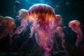 Spectacular and glowing colorful jellyfishes swimming in the ocean. Amazing wildlife. Generative Ai Royalty Free Stock Photo