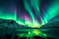 Spectacular Green and Purple Aurora Borealis Reflecting on Lake, Beautiful northern lights phenomenon in a star-filled night, AI