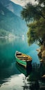 Spectacular Green Wooden Boat In A Serene Lake
