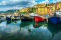 Spectacular harbor, colorful mediterranean buildings with fishing boats and yachts, Camogli, Liguria, Italy, Europe Royalty Free Stock Photo