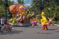 Spectacular jump of dancing girls and Big Bird in Sesame Street Party Parade at Seaworld.