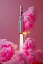 Spectacular Liftoff of Space Rocket with Vibrant Pink Smoke Trail Against a Minimalist Background