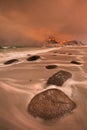 Spectacular light at Uttakleiv beach on the Lofoten, Norway Royalty Free Stock Photo