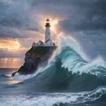 Spectacular lighthouse provide light during a large storm on the seashore. Massive and powerful sea waves crashing on