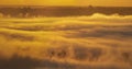 Spectacular mist river over the river valley during the sunrise