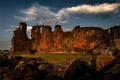 Spectacular moody sunset view of Penrith Castle in Cumbria