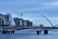 Spectacular morning cityscape view over the Liffey River with modern building and Samuel Beckett bridge
