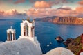 Spectacular morning scene of Santorini island. Fantastic summer cityscape of Greek resort Fira, Greece, Europe. Unbelievable Medit Royalty Free Stock Photo