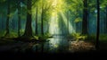 Spectacular morning sun light rays in the forest. Green forest during a beautiful summer warm day Royalty Free Stock Photo