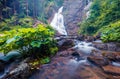 Spectacular morning view of Bride`s Veil / Valul Miresei Waterfall. Misty summer scene of Apuseni Natural Park, Cluj County, Roma Royalty Free Stock Photo