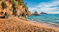 Spectacular morning view of Platis Gialos Beach. Sunny summer seascape of Ionian Sea. Beautiful outdoor scene of Kefalonia island, Royalty Free Stock Photo