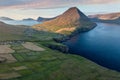 Aerial view. Colorful summer landscape of Faroese fjords. Calm outdoor scene of Faroe Islands, Denmark.