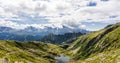 Spectacular mountain landscape with glacier lakes in Italian Dolomites.