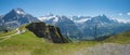 Spectacular mountain panorama and cliff walk at Grindelwald First summit, tourist attraction bernese oberland, view to swiss alps