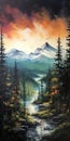 Spectacular Mountain River Painting With Teal And Amber Tones