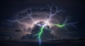 Spectacular multi-colored lightning strikes illuminate a dramatic storm cloud formation Royalty Free Stock Photo