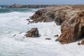 Spectacular natural cliffs on coastline Cote Sauvage, Quiberon, Brittany