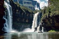 Spectacular Natural Symphony: Waterfall, Riverside, and Towering Cliffs Royalty Free Stock Photo