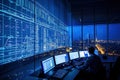 Spectacular night office view with analyst at multiple screens displaying complex data and cityscape in modern glass building