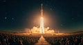 Spectacular nighttime rocket launch captivates large audience at space facility Royalty Free Stock Photo