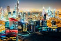 Spectacular nighttime skyline: skyscrapers of a big modern city. Downtown, Dubai