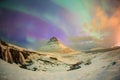 Spectacular northern lights appear over Mount Kirkjufell Royalty Free Stock Photo