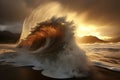 Spectacular ocean panorama. golden sun, massive waves, excitement building for epic encounter