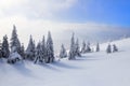 Spectacular panorama is opened on mountains, trees covered with white snow, lawn and blue sky with clouds. Royalty Free Stock Photo