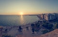 Spectacular panorama view of sun setting into Thermaic gulf. Royalty Free Stock Photo