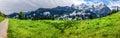 Spectacular panoramic view of Eiger, Monch, Jungfrau mountains from Murren-Gimmelwald trail, Swiss alps, Bernese Oberland, Berne Royalty Free Stock Photo