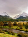 Spectacular panoramic view of the landscape of Tierra del Fuego National Park. Snowy mountains and exuberant vegetation. Climate