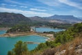 Spectacular panoramic views of the Guadalhorce reservoir, next to the Caminito del Rey in Malaga, Spain. Turquoise blue water and