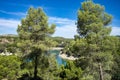 Spectacular panoramic views of the Guadalhorce reservoir, next to the Caminito del Rey in Malaga, Spain. Turquoise blue water and