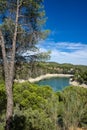 Spectacular panoramic views of the Guadalhorce reservoir, next to the Caminito del Rey in Malaga, Spain. Turquoise blue water and