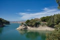 Spectacular panoramic views of the Guadalhorce reservoir, next to the Caminito del Rey in Malaga, Spain. Turquoise blue water and