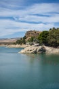 Spectacular panoramic views of the Guadalhorce reservoir, next to the Caminito del Rey in Malaga, Spain. Turquoise blue water and