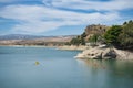 Spectacular panoramic views of the Guadalhorce reservoir, next to the Caminito del Rey in Malaga, Spain. Turquoise blue water and